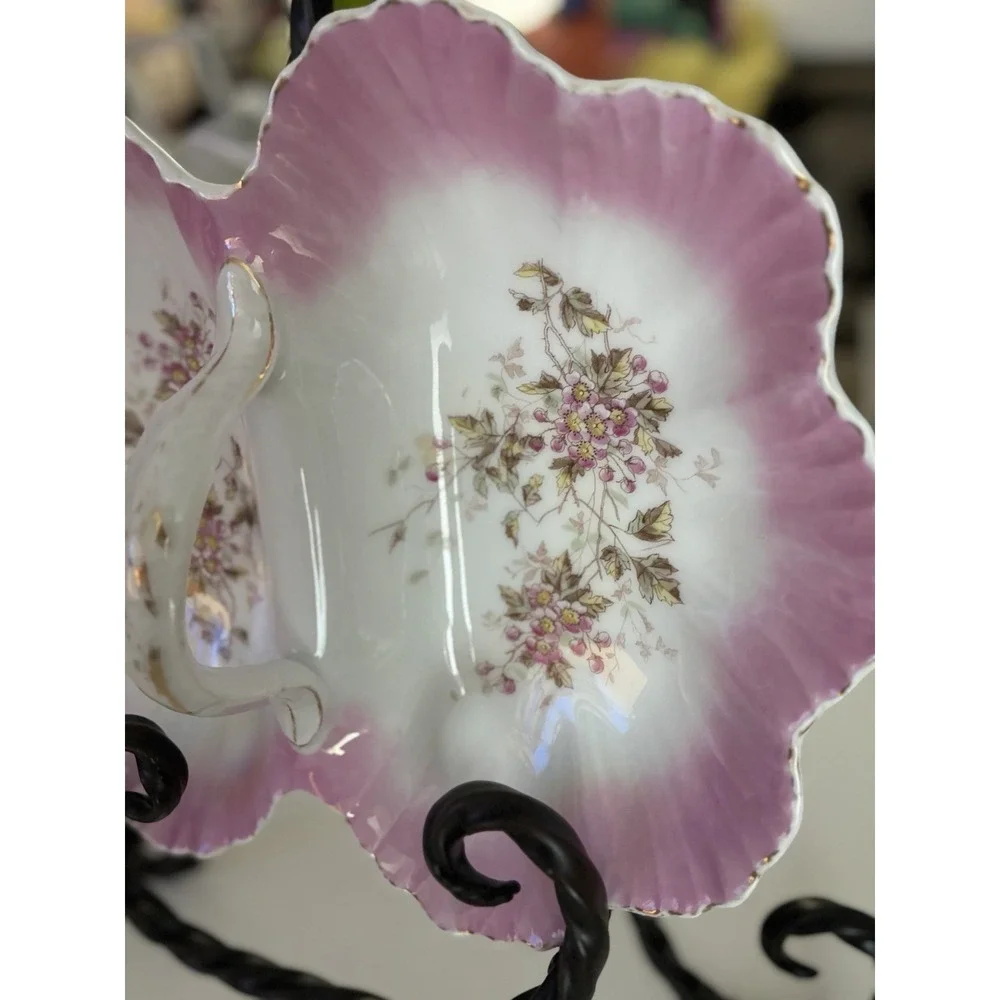 Antique KPM Germany Porcelain Pink Floral Divided Serving Dish Center Handle